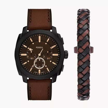 Fossil Machine Chronograph Quartz Men’s Watch FS6102SET – Brown Dial, Brown Leather Strap & Matching Black/Brown Braided Bracelet Set