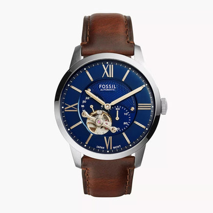 Fossil Townsman ME3110 – Men's Automatic Watch, Blue Satin Dial, Brown Leather Strap, 44mm