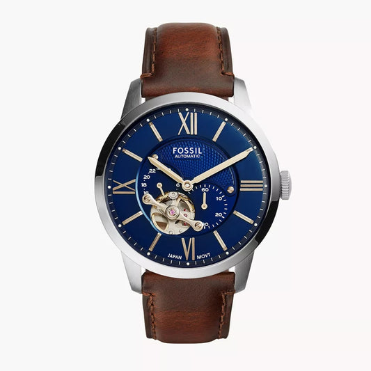 Fossil Townsman ME3110 – Men's Automatic Watch, Blue Satin Dial, Brown Leather Strap, 44mm