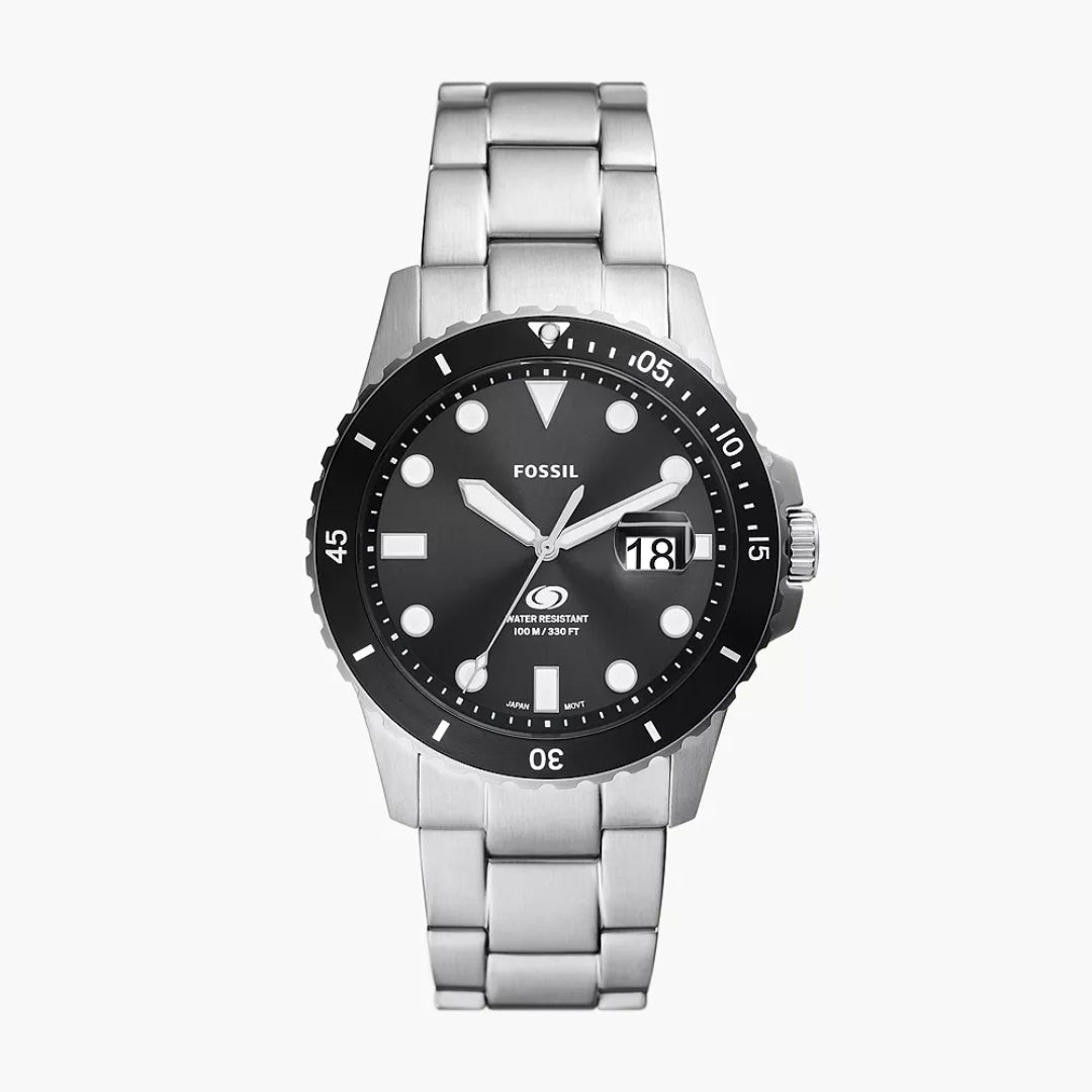 Fossil Blue Dive Quartz Men’s Watch FS6032 – 42mm Black Dial, Silver-Tone Stainless Steel Bracelet, Uni-Directional Rotating Black Bezel, Date Display, 100M Water Resistance
