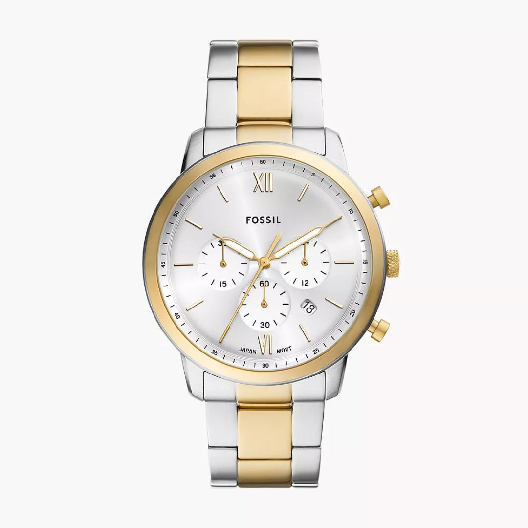 Fossil Neutra Chronograph Quartz Men’s Watch FS6112 – 44mm Silver-Tone Dial, Gold-Tone Bezel, Stainless Steel Bracelet, Date Display, 50M Water Resistance