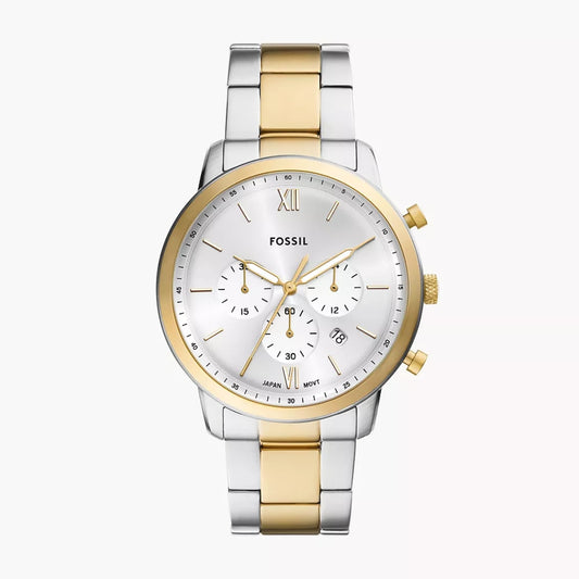 Fossil Neutra Chronograph Quartz Men’s Watch FS6112 – 44mm Silver-Tone Dial, Gold-Tone Bezel, Stainless Steel Bracelet, Date Display, 50M Water Resistance