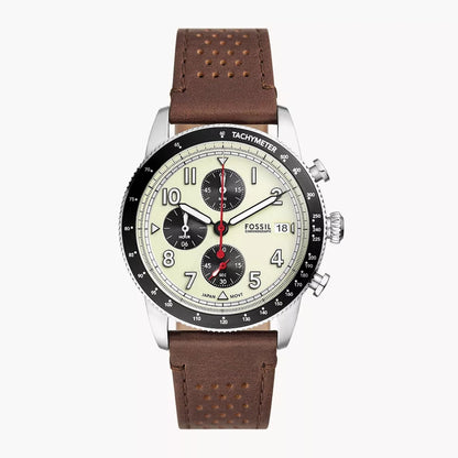 Fossil Sport Tourer FS6042 – Men's Chronograph Quartz Watch, White Dial, Brown Leather Strap, Black Tachymeter Bezel, 42mm, 50M Water Resistance