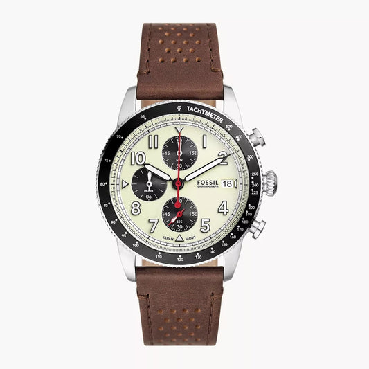 Fossil Sport Tourer FS6042 – Men's Chronograph Quartz Watch, White Dial, Brown Leather Strap, Black Tachymeter Bezel, 42mm, 50M Water Resistance