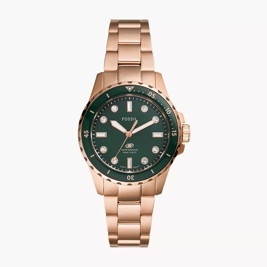 Fossil Blue Dive ES5371 – Women’s Quartz Watch, Green Dial, Rose Gold-Tone Stainless Steel Bracelet, 36mm, 100M Water Resistance