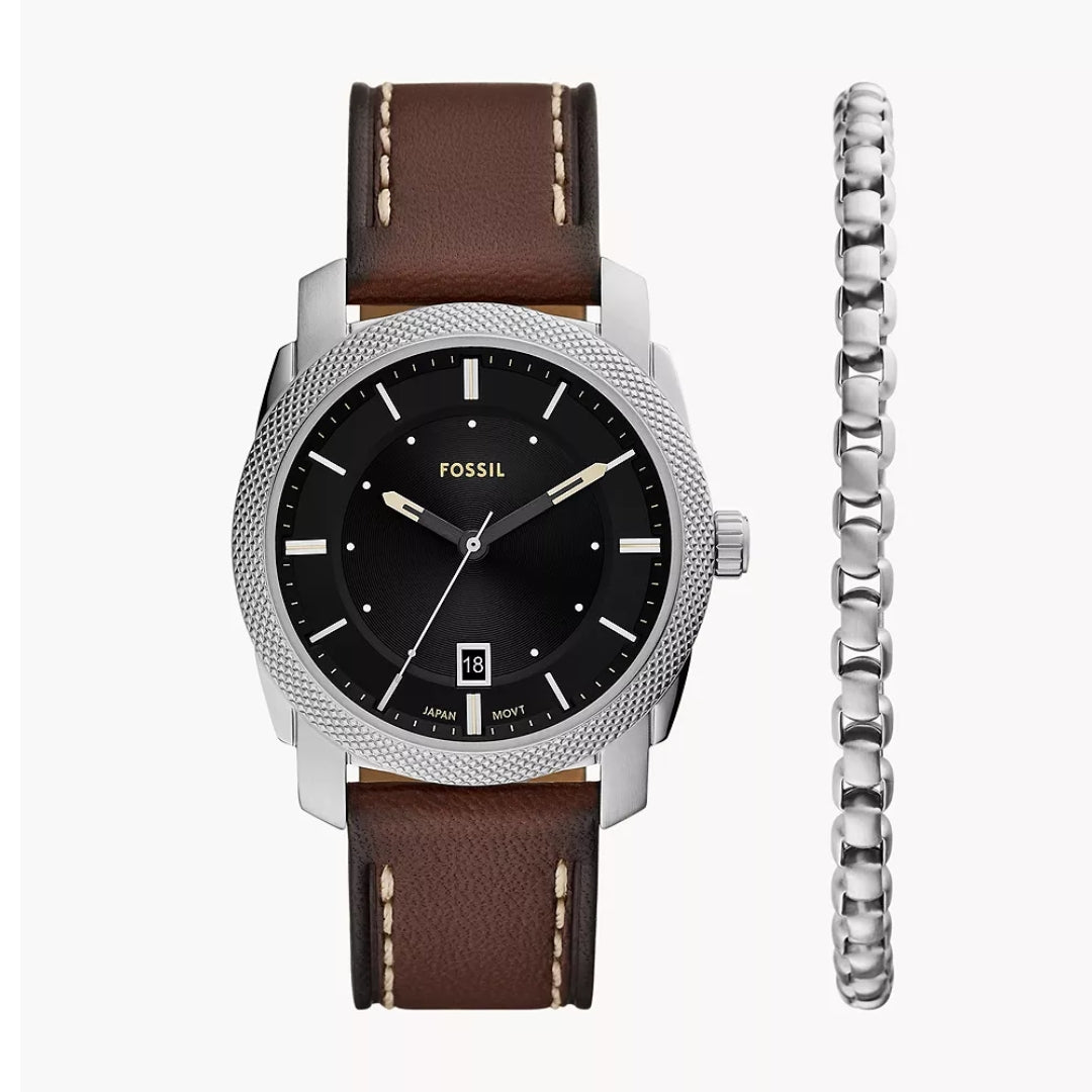 Fossil Machine Quartz Black Dial Ladies Watch FS6081SET – Silver-tone Stainless Steel with Brown Leather Strap & Bracelet Set