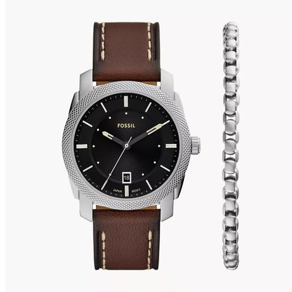 Fossil Machine Quartz Black Dial Ladies Watch FS6081SET – Silver-tone Stainless Steel with Brown Leather Strap & Bracelet Set