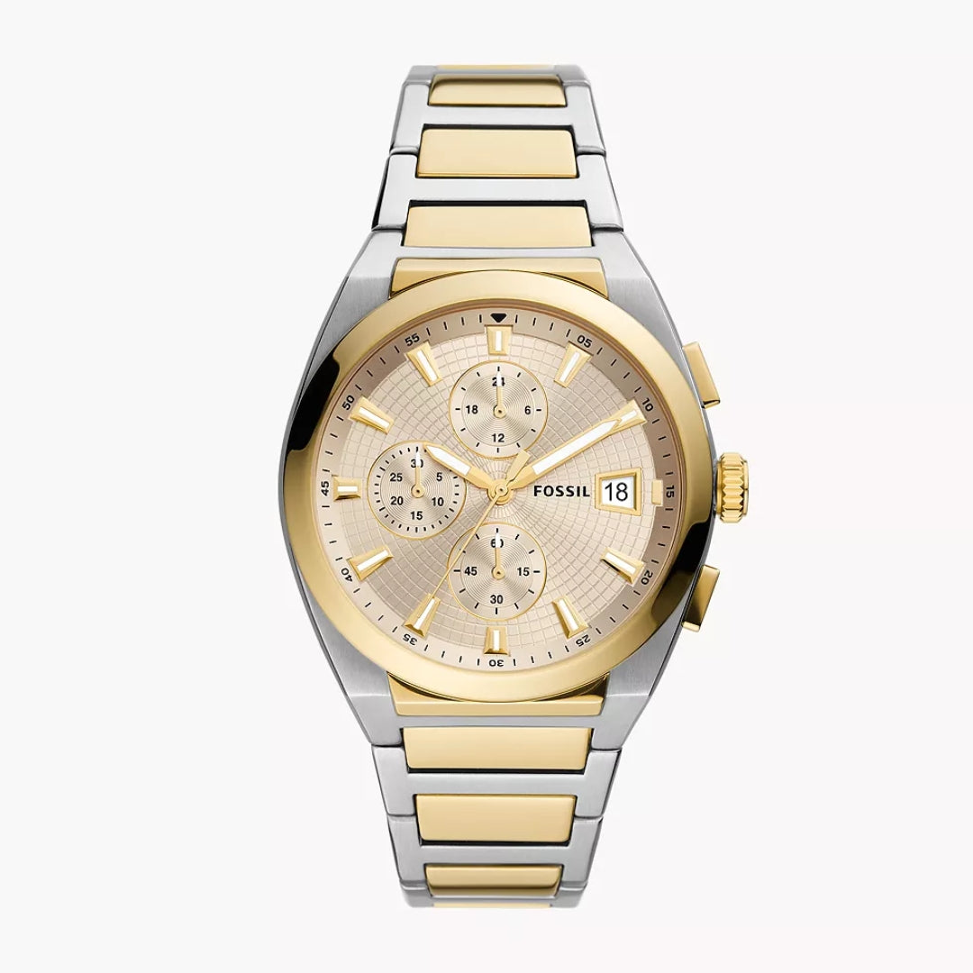 Fossil Everett Chronograph Quartz Men’s Watch FS5796 – 42mm Cream Dial, Two-Tone Stainless Steel Bracelet, Gold-Tone Bezel, Date Display, 50M Water Resistance