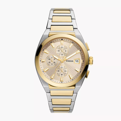 Fossil Everett Chronograph Quartz Men’s Watch FS5796 – 42mm Cream Dial, Two-Tone Stainless Steel Bracelet, Gold-Tone Bezel, Date Display, 50M Water Resistance