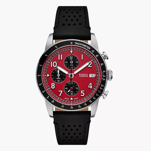 Fossil Sport Tourer Chronograph Quartz Men’s Watch FS6086 – 42mm Red Dial, Black Leather Strap, Tachymeter Bezel, 50M Water Resistance