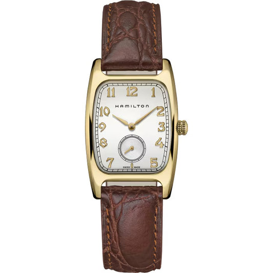 Hamilton Boulton H13431553 – Men’s Dress Watch, 27mm Yellow Gold PVD Stainless Steel Case, White Dial, Small Seconds Sub-dial, Brown Croco-Embossed Leather Strap, Quartz Movement, 30M Water Resistance