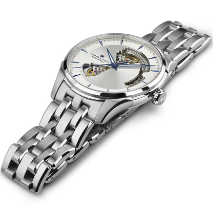 Hamilton H32675150 – Men's Jazzmaster Automatic Watch, 40mm Stainless Steel Case & Bracelet, Silver Cut-Out Dial with Luminous Blue Hands, Transparent Case Back, 80-Hour Power Reserve, 50M Water Resistance