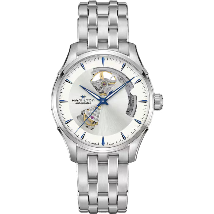 Hamilton H32675150 – Men's Jazzmaster Automatic Watch, 40mm Stainless Steel Case & Bracelet, Silver Cut-Out Dial with Luminous Blue Hands, Transparent Case Back, 80-Hour Power Reserve, 50M Water Resistance