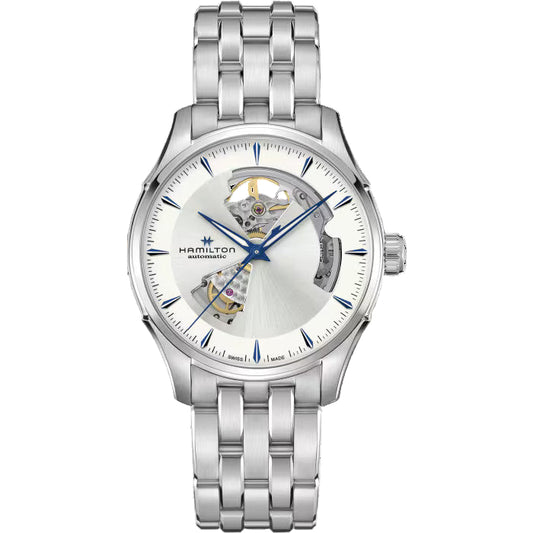 Hamilton H32675150 – Men's Jazzmaster Automatic Watch, 40mm Stainless Steel Case & Bracelet, Silver Cut-Out Dial with Luminous Blue Hands, Transparent Case Back, 80-Hour Power Reserve, 50M Water Resistance
