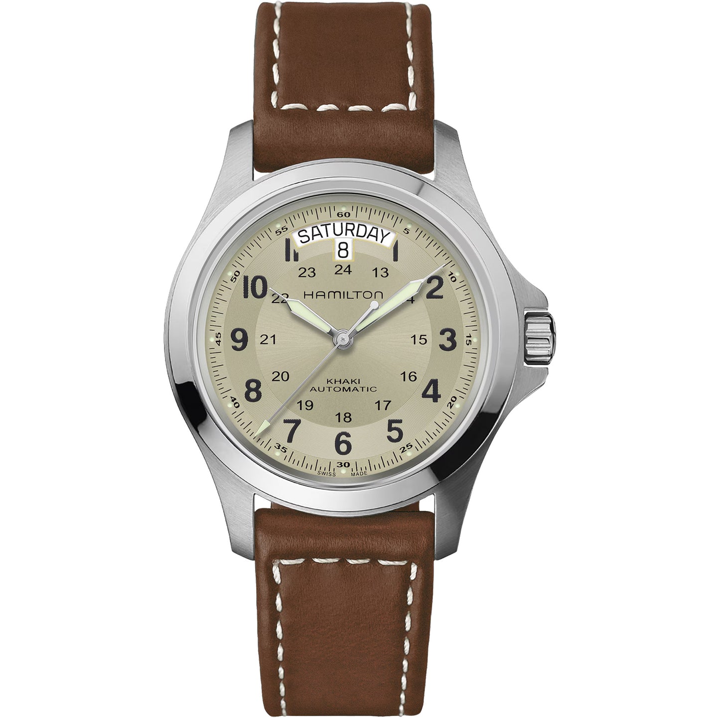 Hamilton Khaki Field Automatic Beige Dial 40mm Men’s Watch H64455523 – Brown Leather Strap, Day-Date Display, Calibre H-40, 80-Hour Power Reserve, Skeleton Case Back