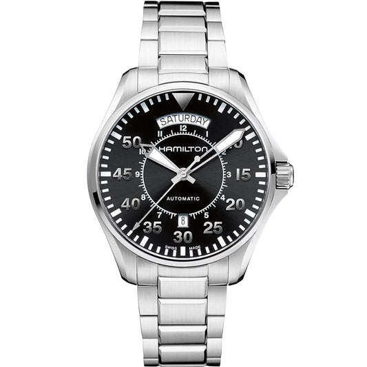 Hamilton Khaki Aviation Pilot Day Date Automatic Black Dial 42mm Men’s Watch H64615135 – Stainless Steel Bracelet, Calibre H-40, 80-Hour Power Reserve, 100M WR