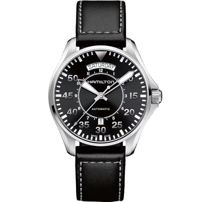 Hamilton H64615735 – Men's Khaki Pilot Automatic Watch, 42mm Stainless Steel Case with Black Dial, Day & Date Display, Black Calfskin Leather Strap, 80-Hour Power Reserve, 100M Water Resistance