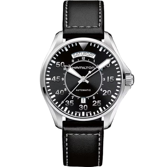 Hamilton H64615735 – Men's Khaki Pilot Automatic Watch, 42mm Stainless Steel Case with Black Dial, Day & Date Display, Black Calfskin Leather Strap, 80-Hour Power Reserve, 100M Water Resistance
