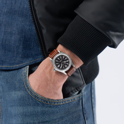 Hamilton Khaki Field Automatic Black Dial 38mm Men’s Watch H70455533 – Brown Leather Strap, Date Display, Calibre H-10, 80-Hour Power Reserve, Skeleton Case Back, 100M Water Resistance