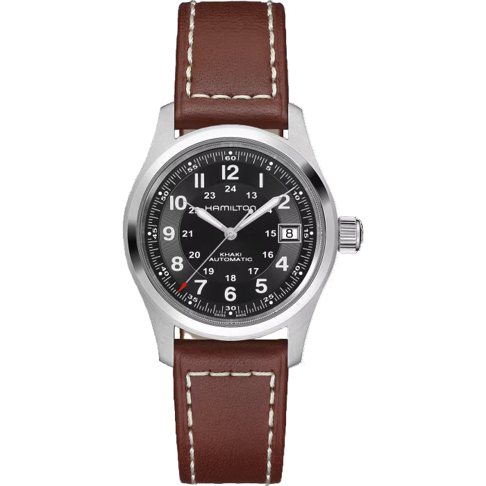 Hamilton Khaki Field Automatic Black Dial 38mm Men’s Watch H70455533 – Brown Leather Strap, Date Display, Calibre H-10, 80-Hour Power Reserve, Skeleton Case Back, 100M Water Resistance