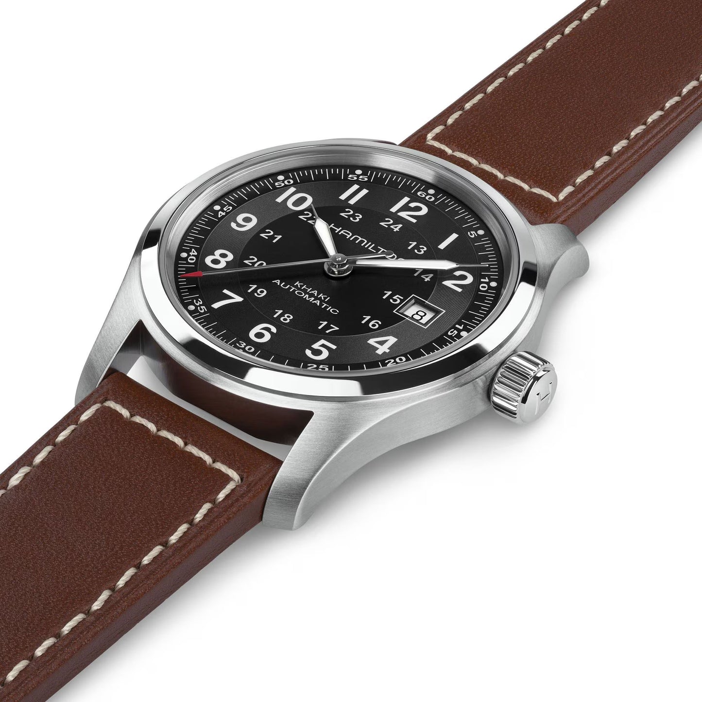 Hamilton Khaki Field Automatic Black Dial 38mm Men’s Watch H70455533 – Brown Leather Strap, Date Display, Calibre H-10, 80-Hour Power Reserve, Skeleton Case Back, 100M Water Resistance