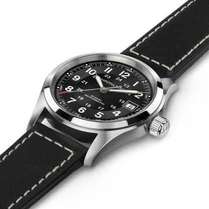 Hamilton Khaki Field Automatic Black Dial 38mm Men’s Watch H70455733 – Black Leather Strap, Date Display, Calibre H-10, 80-Hour Power Reserve, Uni-Directional Bezel, 100M Water Resistance