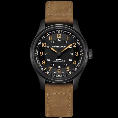 Hamilton H70665533 – Men's Khaki Field Automatic Watch, 42mm Black Titanium Case with Brown Leather Strap and Black Dial