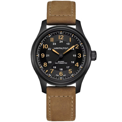 Hamilton H70665533 – Men's Khaki Field Automatic Watch, 42mm Black Titanium Case with Brown Leather Strap and Black Dial