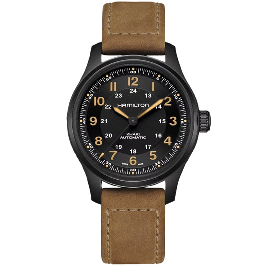 Hamilton H70665533 – Men's Khaki Field Automatic Watch, 42mm Black Titanium Case with Brown Leather Strap and Black Dial