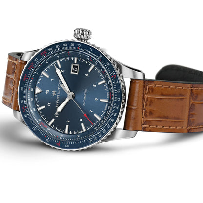 Hamilton Khaki Aviation H76645540 – Men’s Sport Watch, 42mm Stainless Steel Case, Blue Dial with Luminous Markers, Uni-Directional Rotating Bezel, Brown Leather Strap, Automatic Movement with 80-Hour Power Reserve, 100M Water Resistance