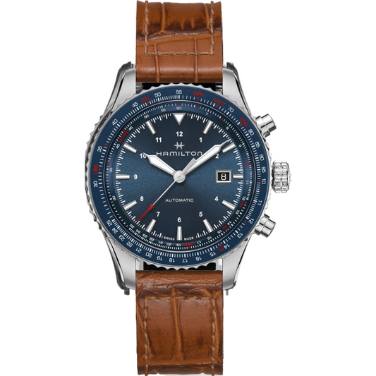 Hamilton Khaki Aviation H76645540 – Men’s Sport Watch, 42mm Stainless Steel Case, Blue Dial with Luminous Markers, Uni-Directional Rotating Bezel, Brown Leather Strap, Automatic Movement with 80-Hour Power Reserve, 100M Water Resistance