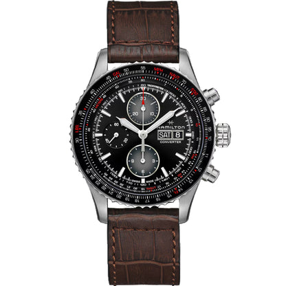 Hamilton H76726530 – Men's Aviation Chronograph Watch, 44mm Stainless Steel with Black Dial, Brown Leather Strap
