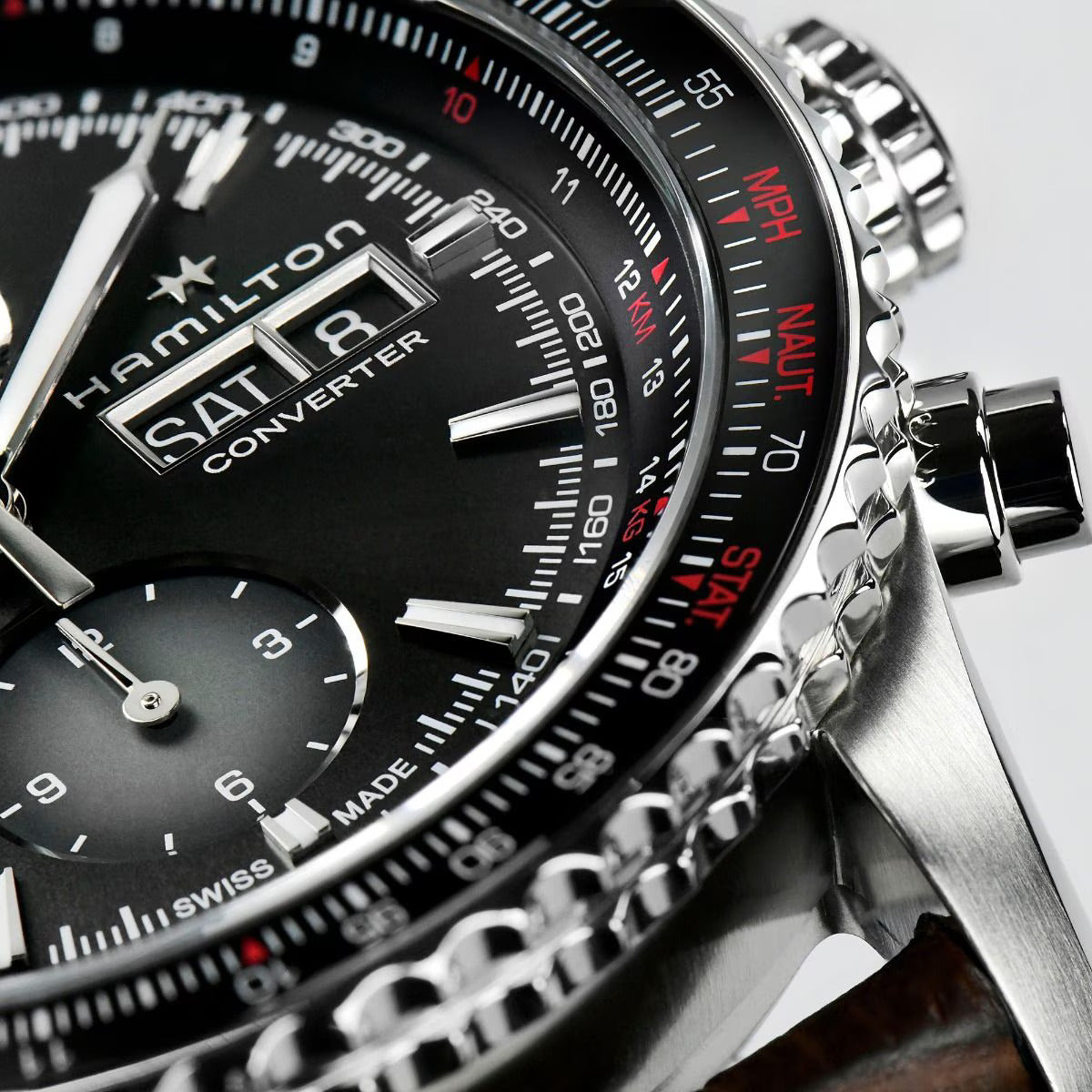 Hamilton H76726530 – Men's Aviation Chronograph Watch, 44mm Stainless Steel with Black Dial, Brown Leather Strap