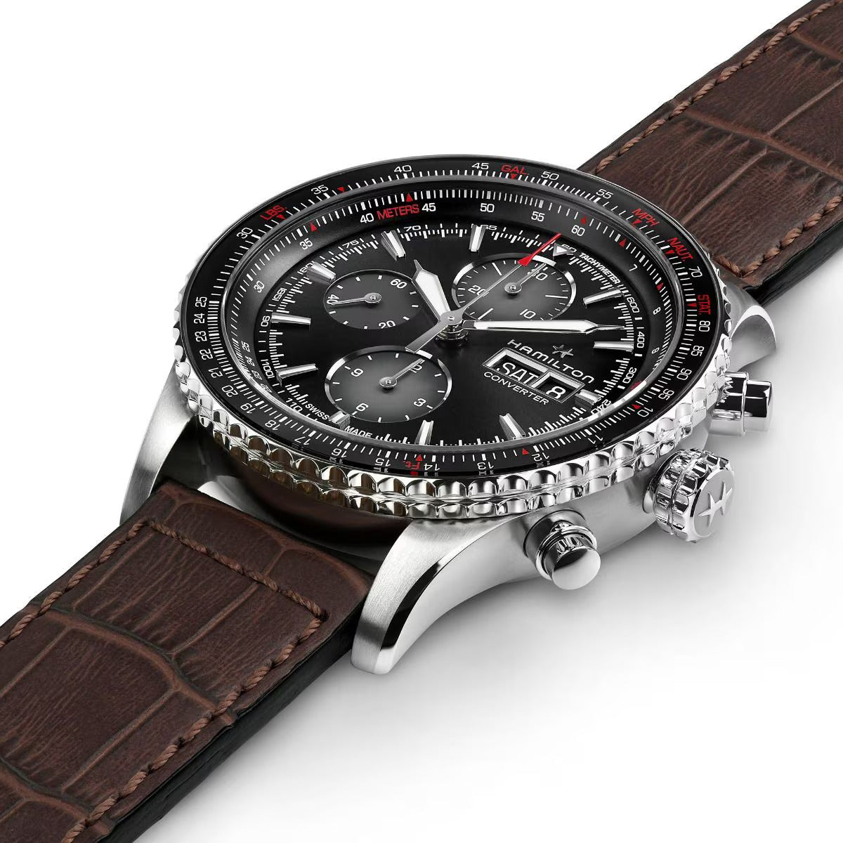 Hamilton H76726530 – Men's Aviation Chronograph Watch, 44mm Stainless Steel with Black Dial, Brown Leather Strap