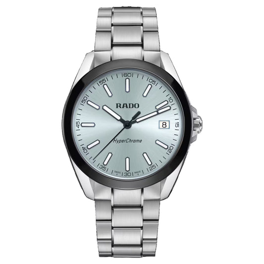 Rado R32280213 – Men's HyperChrome Quartz Watch, 41.5mm Stainless Steel, Ice Blue Dial, Ceramic Bezel, 150M WR