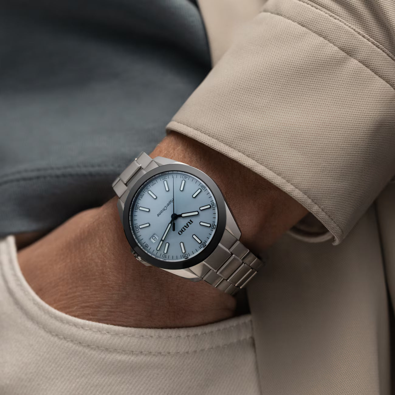 Rado R32280213 – Men's HyperChrome Quartz Watch, 41.5mm Stainless Steel, Ice Blue Dial, Ceramic Bezel, 150M WR