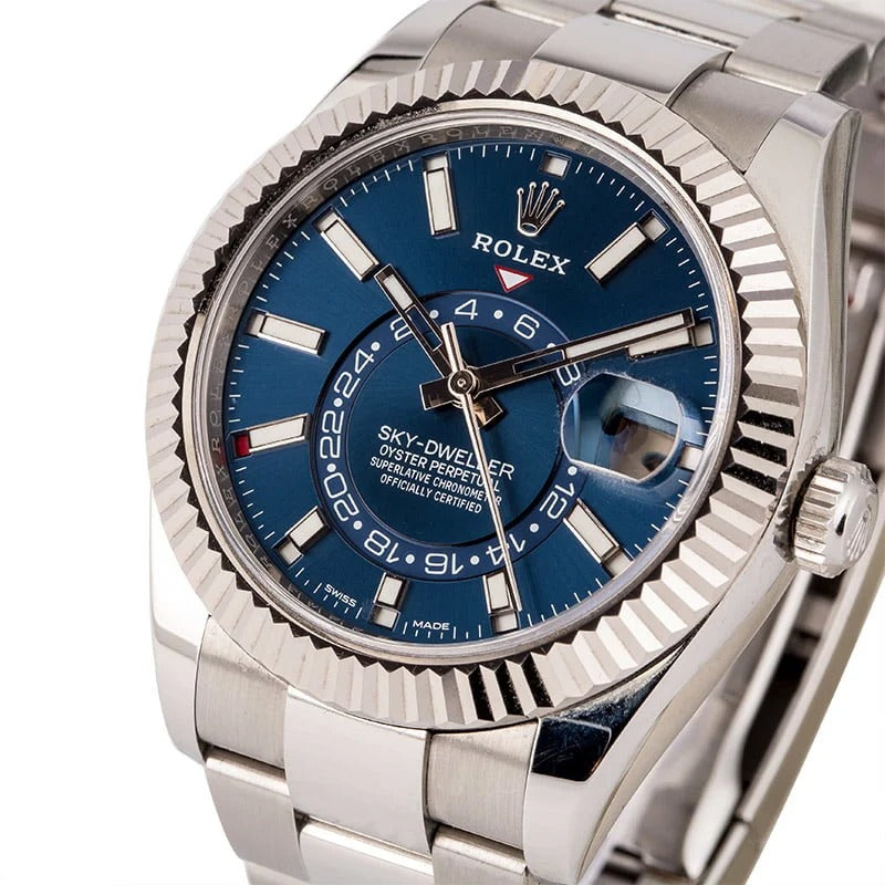 Rolex Sky-Dweller Blue Dial Fluted Bezel White Gold Stainless Steel Watch 326934BLSO