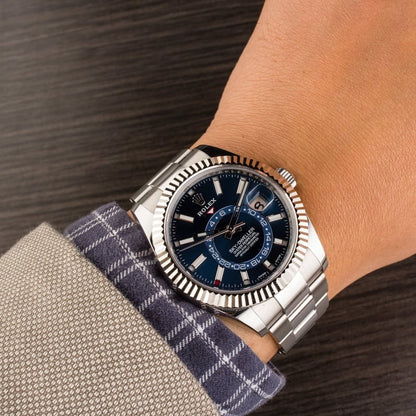 Rolex Sky-Dweller Blue Dial Fluted Bezel White Gold Stainless Steel Watch 326934BLSO