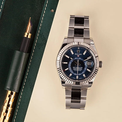 Rolex Sky-Dweller Blue Dial Fluted Bezel White Gold Stainless Steel Watch 326934BLSO