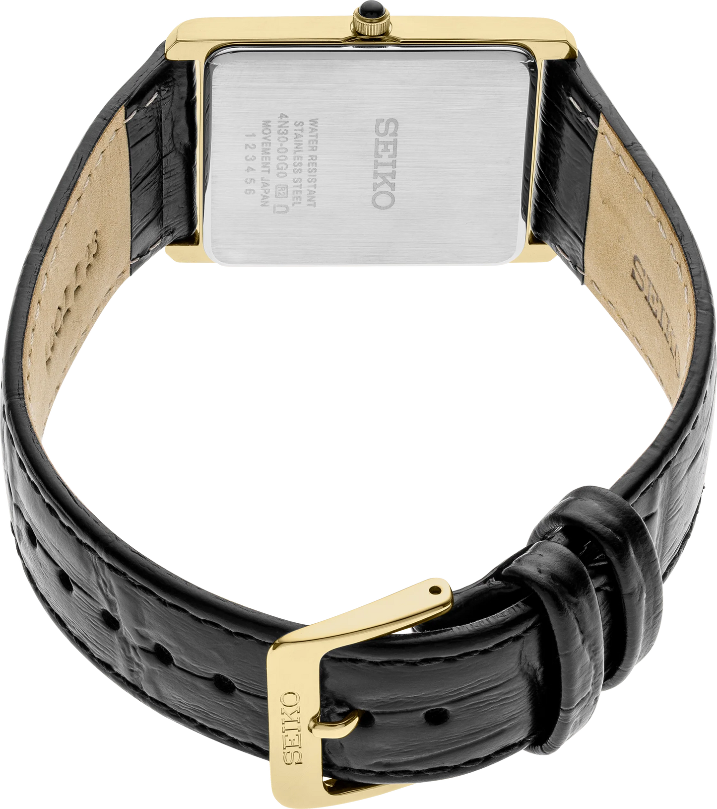 Seiko Essentials SWR052 – Unisex Rectangular Gold-Tone Stainless Steel Watch with White Dial & Black Croco-Embossed Leather Strap