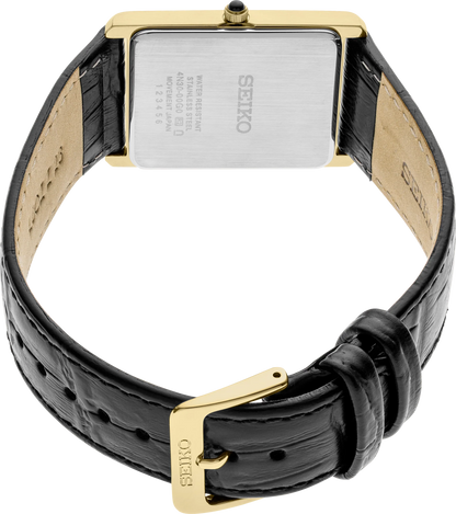 Seiko Essentials SWR052 – Unisex Rectangular Gold-Tone Stainless Steel Watch with White Dial & Black Croco-Embossed Leather Strap