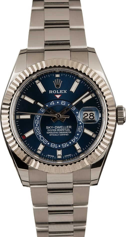 Rolex Sky-Dweller Blue Dial Fluted Bezel White Gold Stainless Steel Watch 326934BLSO