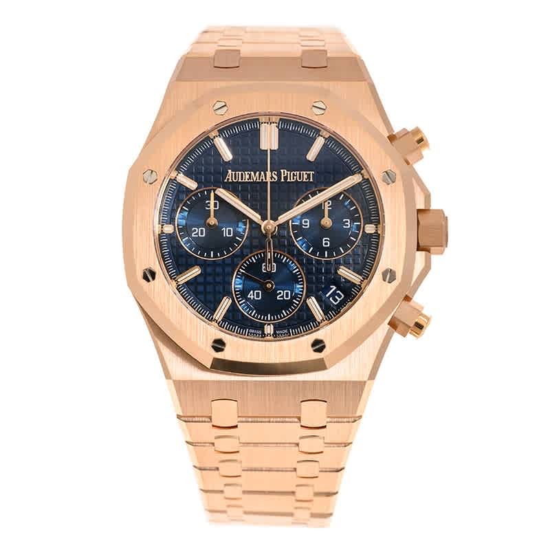 Rose gold watch with blue dial on a white background