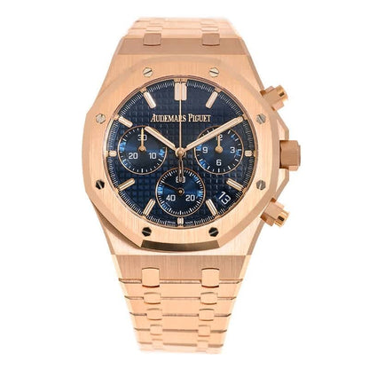 Rose gold watch with blue dial on a white background