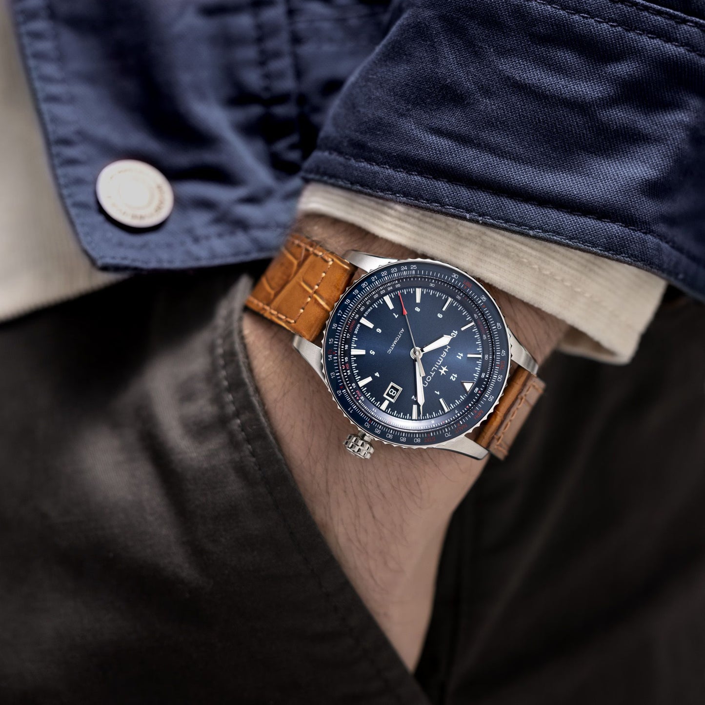 Hamilton Khaki Aviation H76645540 – Men’s Sport Watch, 42mm Stainless Steel Case, Blue Dial with Luminous Markers, Uni-Directional Rotating Bezel, Brown Leather Strap, Automatic Movement with 80-Hour Power Reserve, 100M Water Resistance