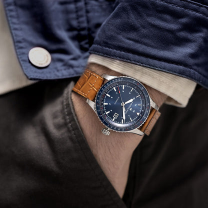 Hamilton Khaki Aviation H76645540 – Men’s Sport Watch, 42mm Stainless Steel Case, Blue Dial with Luminous Markers, Uni-Directional Rotating Bezel, Brown Leather Strap, Automatic Movement with 80-Hour Power Reserve, 100M Water Resistance