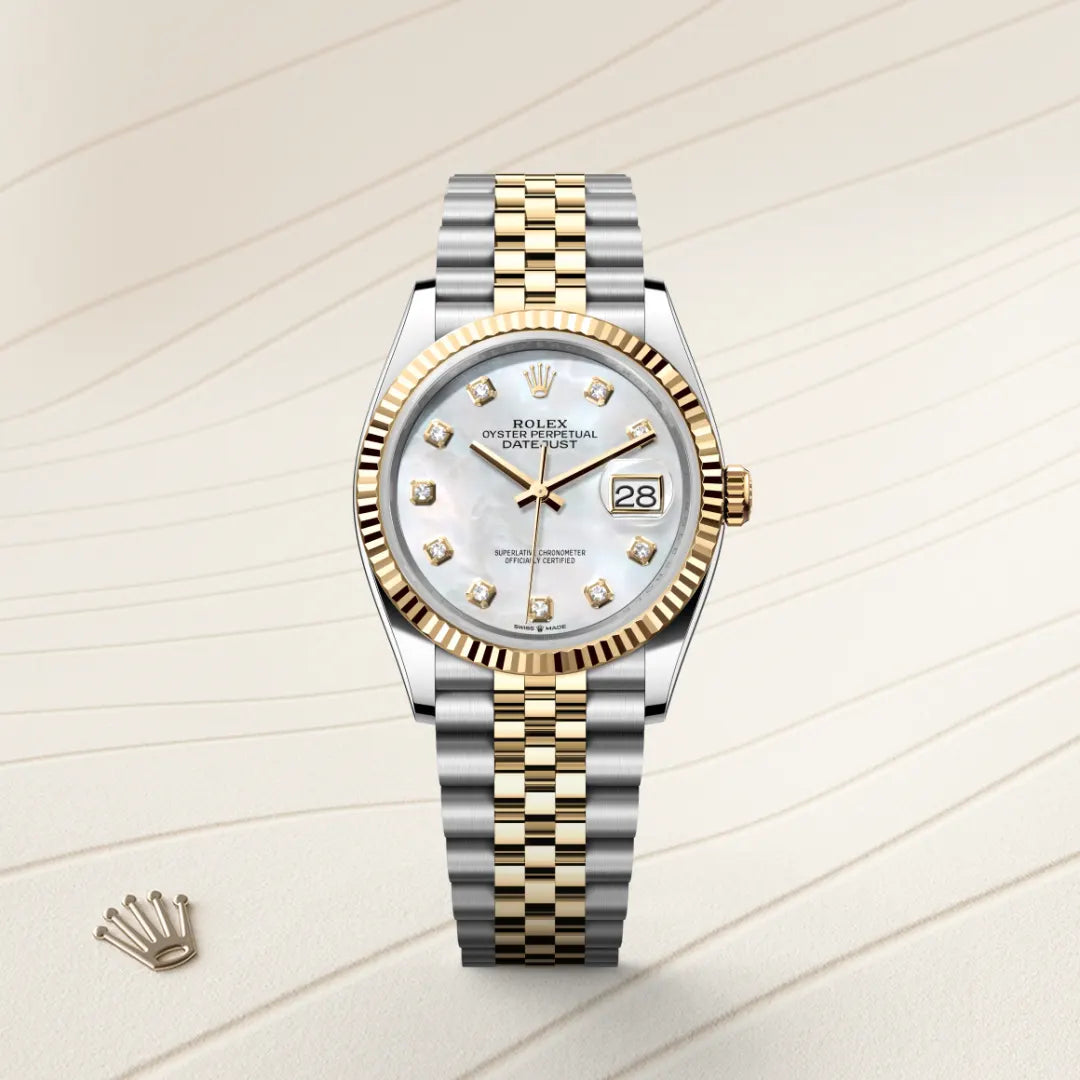 Rolex Datejust 36 Mother of Pearl Diamond Dial Fluted Bezel Two-Tone Jubilee Watch M126233-0023