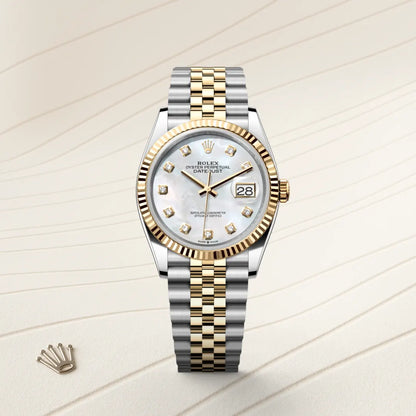 Rolex Datejust 36 Mother of Pearl Diamond Dial Fluted Bezel Two-Tone Jubilee Watch M126233-0023