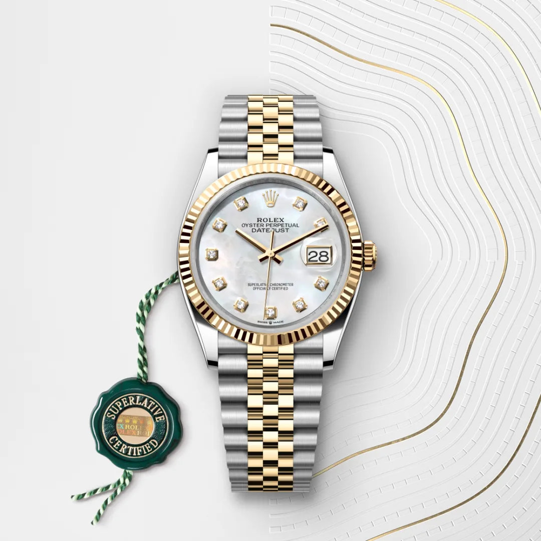 Rolex Datejust 36 Mother of Pearl Diamond Dial Fluted Bezel Two-Tone Jubilee Watch M126233-0023