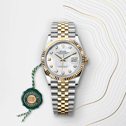 Rolex Datejust 36 Mother of Pearl Diamond Dial Fluted Bezel Two-Tone Jubilee Watch M126233-0023